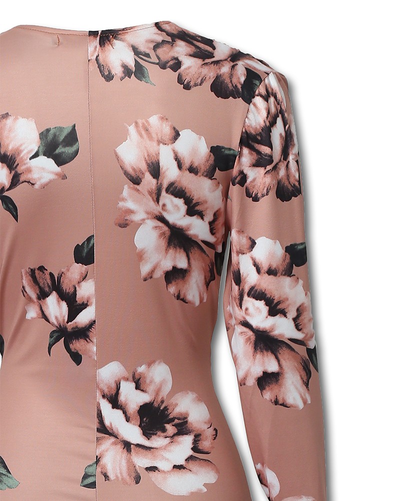 floral deep v long sleeve ruched bodycon dress