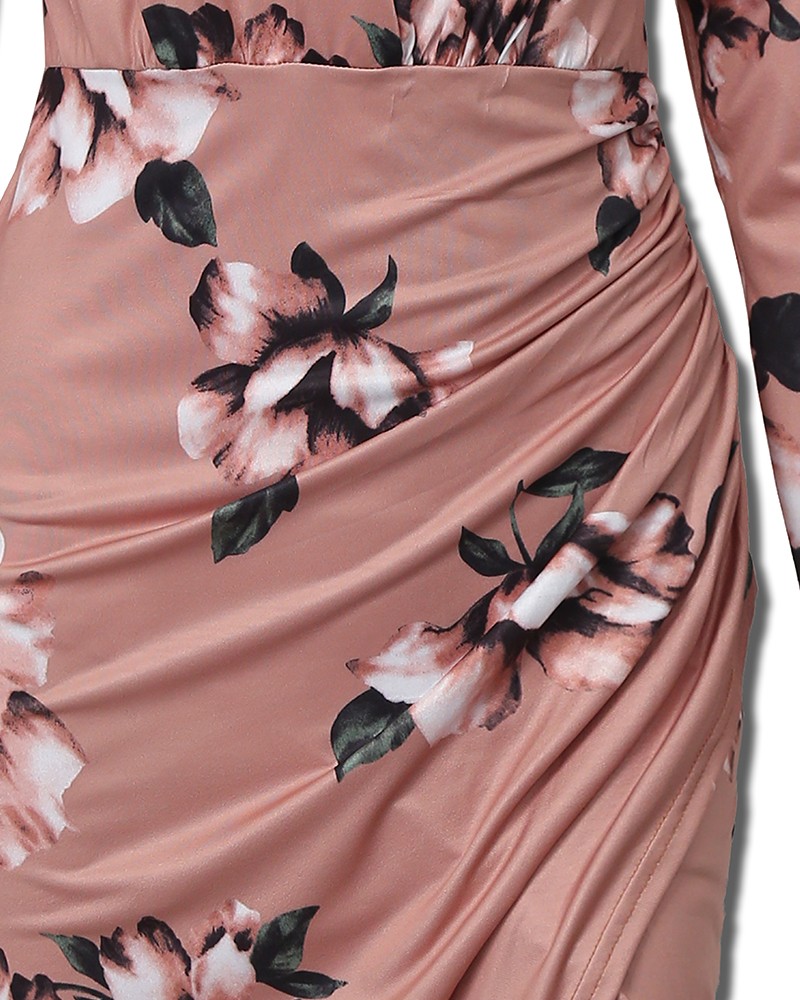 floral deep v long sleeve ruched bodycon dress