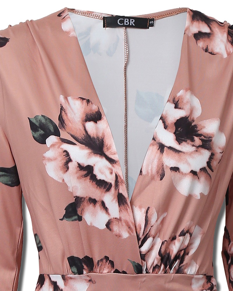 floral deep v long sleeve ruched bodycon dress