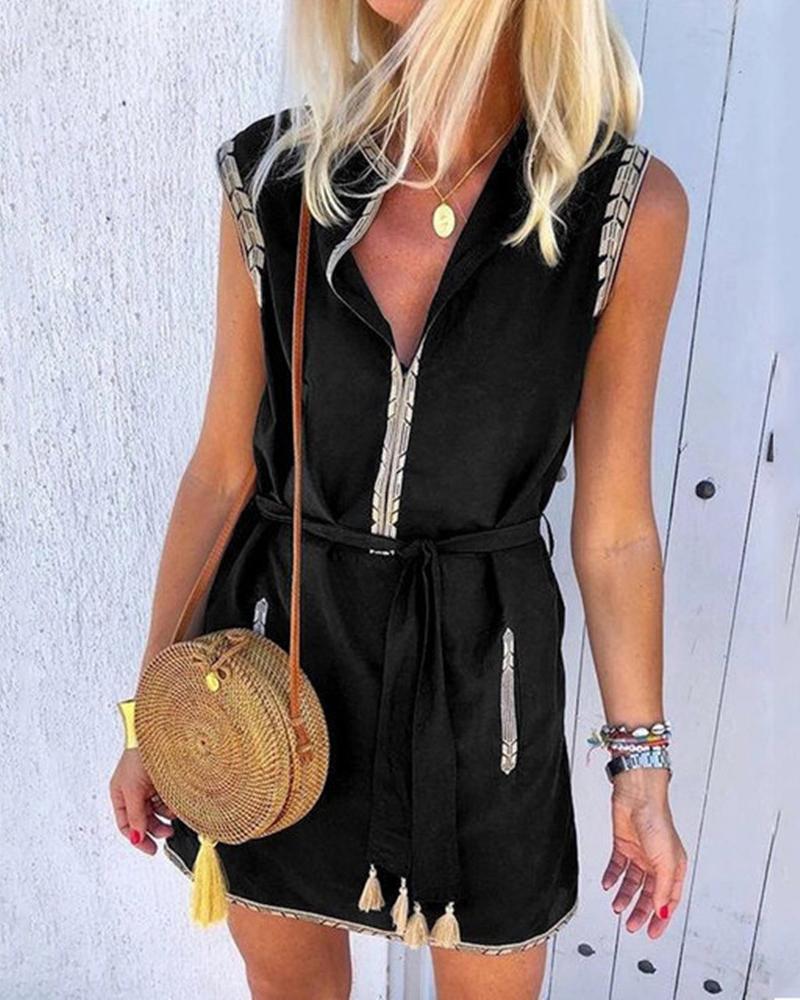 

Colorblock Tassel Design Sleeveless Dress, Black