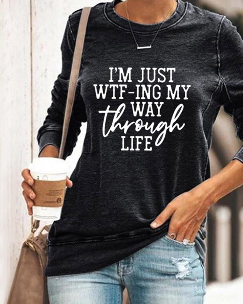 

Long Sleeve Letter Print Pullover Sweatshirt, Black