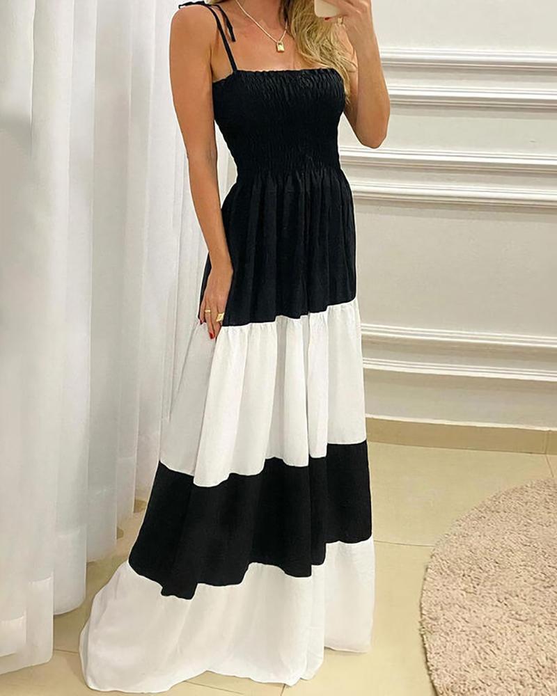 

Colorblock Ruched Shirring Detail Tied Detail Maxi Dress, Black