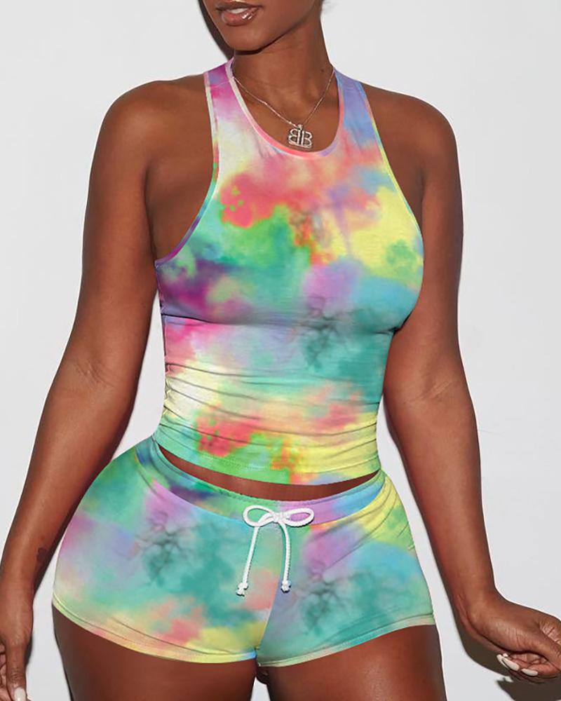 

Tie Dye Cartoon Print Top & Drawstring Short Set, Green