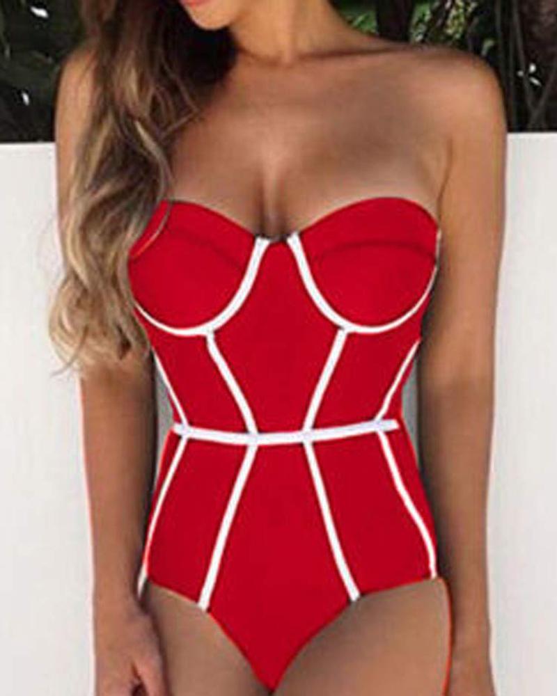 

Contrast Piping One Piece Swimsuit, Red