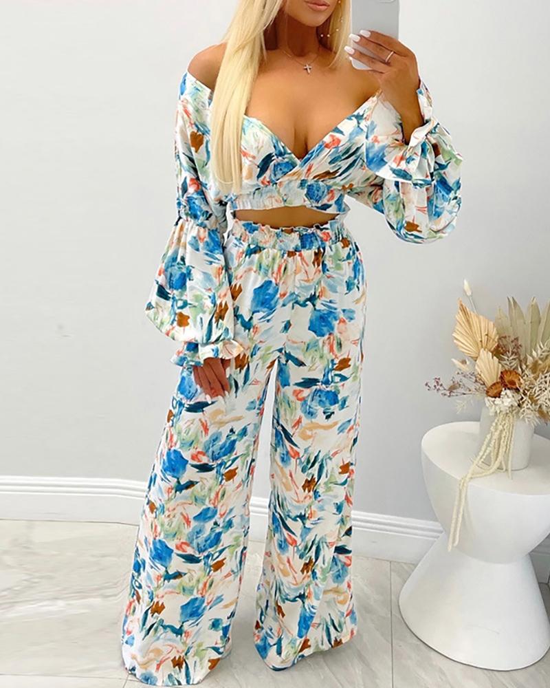 

Lantern Sleeve Floral Print Crop Top & Frill Hem Pants Set, Blue