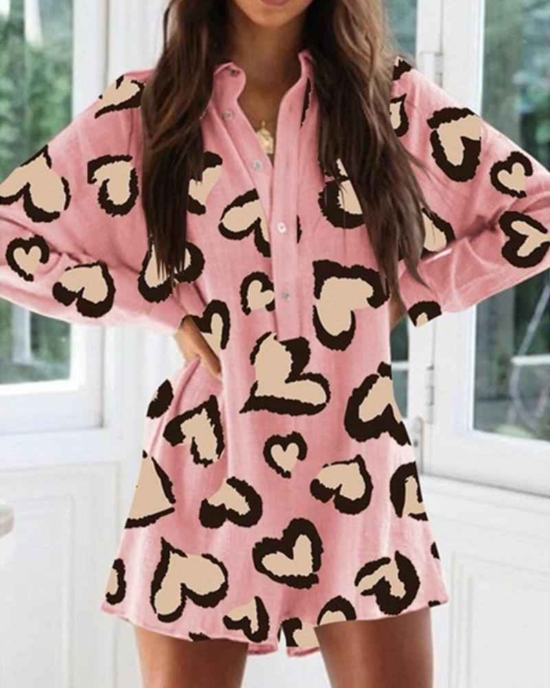 

Printing Long Sleeve Loose Romper, Pink