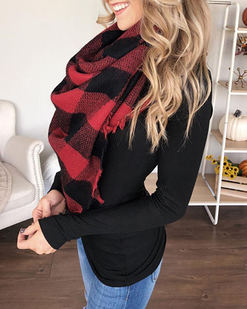 

Plaid Fringe Hem Scarf, Red