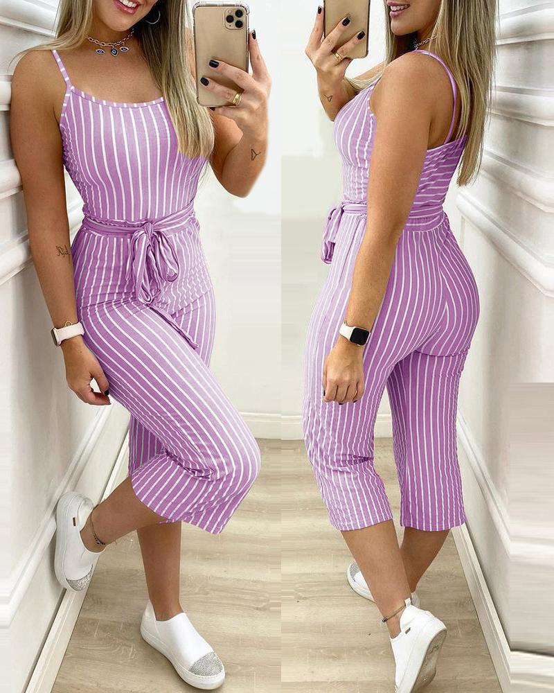 

Striped Colorblock Cropped Jumpsuit With Belt, Purple