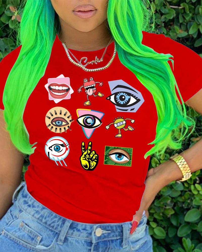 

Eyes / Cartoon / Hand Print Short Sleeve Casual T-shirt, Red