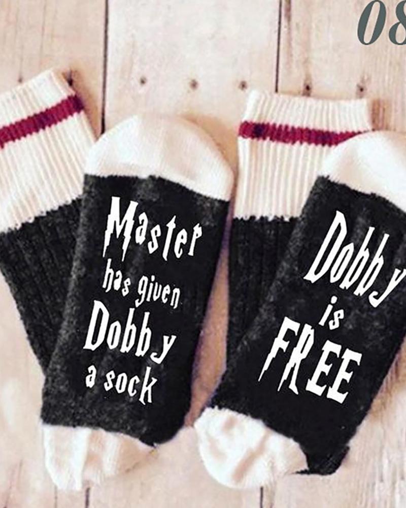 

Letter Print Colorblock Striped Socks, Black