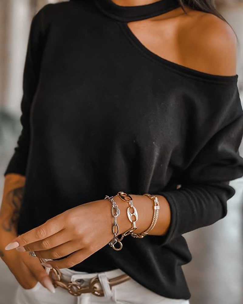 

Plain Cold Shoulder Long Sleeve Women Top, Black