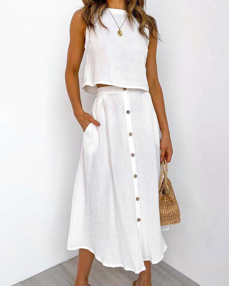 

Plain Button Design Top & Skirt Sets, White