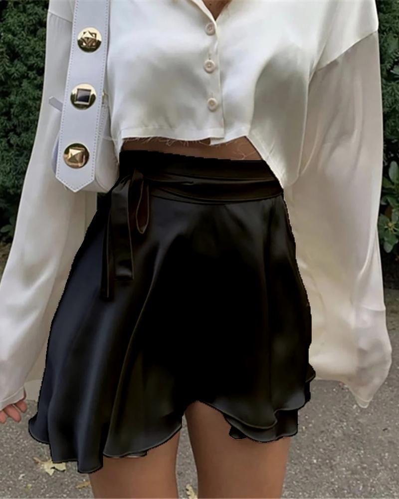 

Lace Up Design Plain High Waist Skirt, Black
