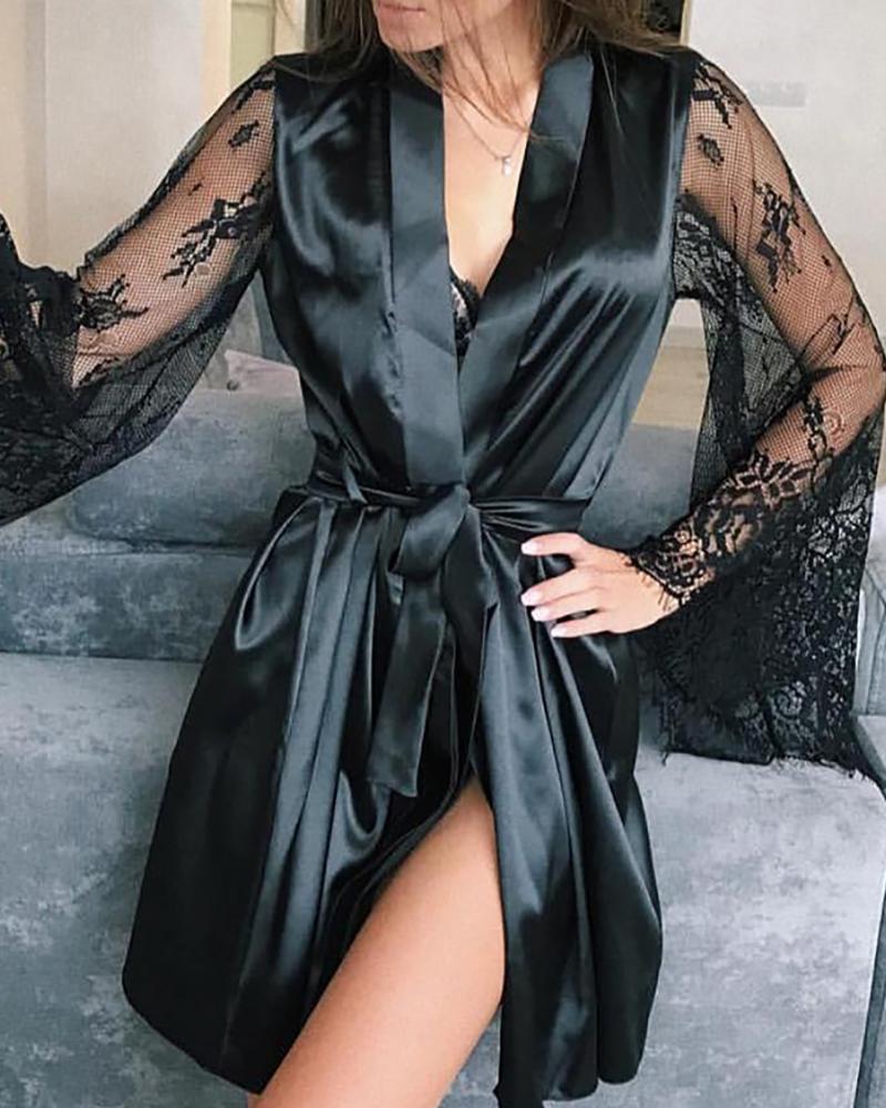 

Eyelash Lace Bell Sleeve Satin Robes, Black