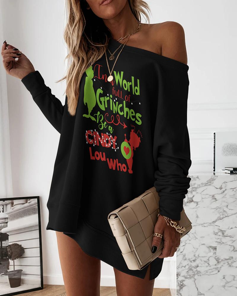 

Christmas Print Long Sleeve Sweatshirt Dress, Black