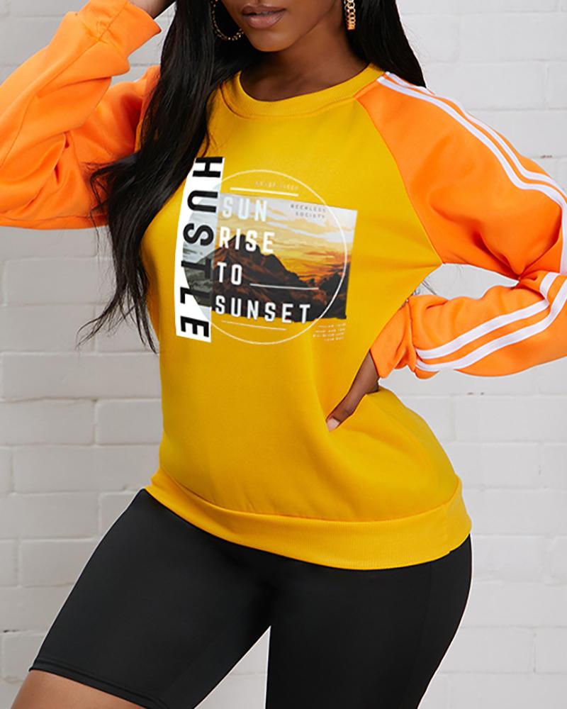 

Graphic Print Striped Tape Long Sleeve Sweatshirt, Orange