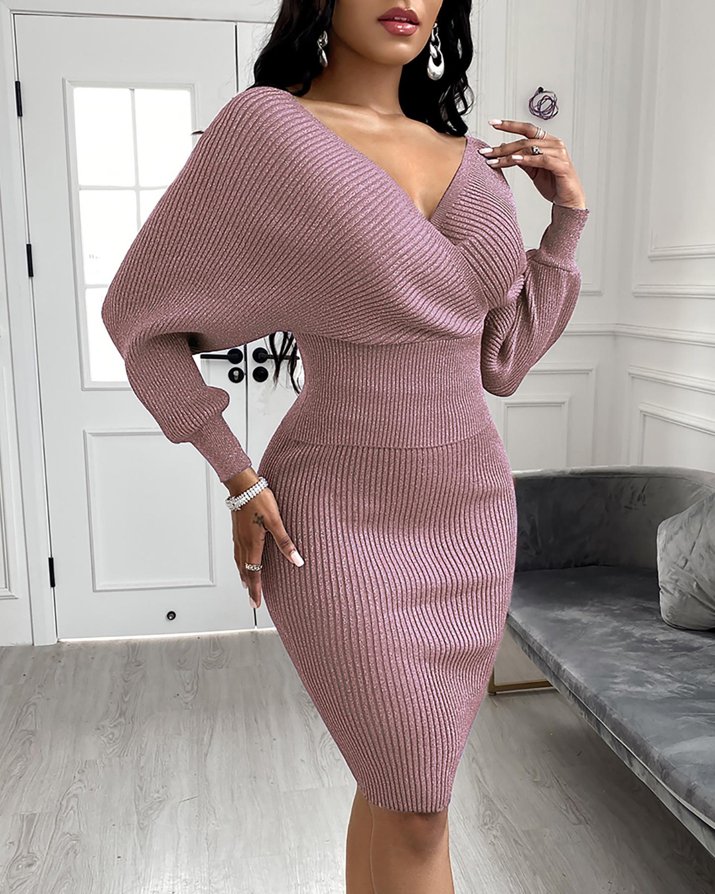 

Plain Wrap Knit Sweater & Skirt Set, Pink