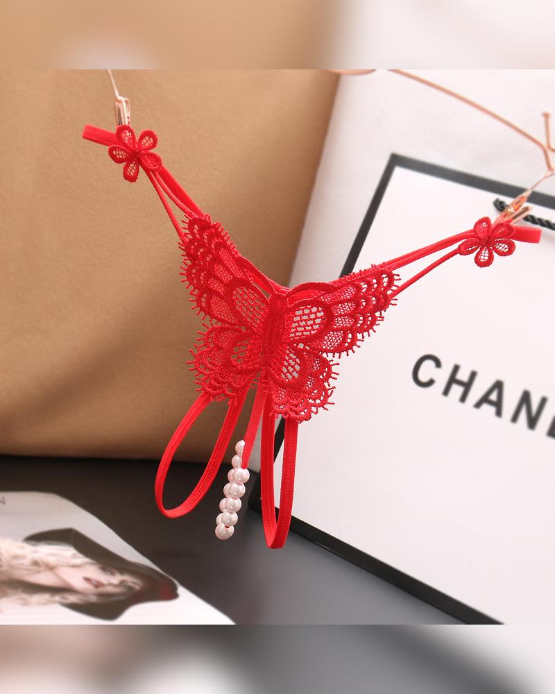 

Solid Lace Patchwork Skinny T-string Panties, Red