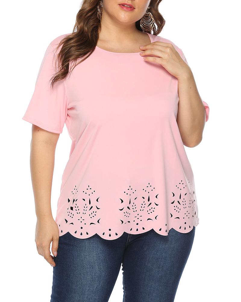 

Solid Short Sleeve Hollow Out T-shirt, Pink