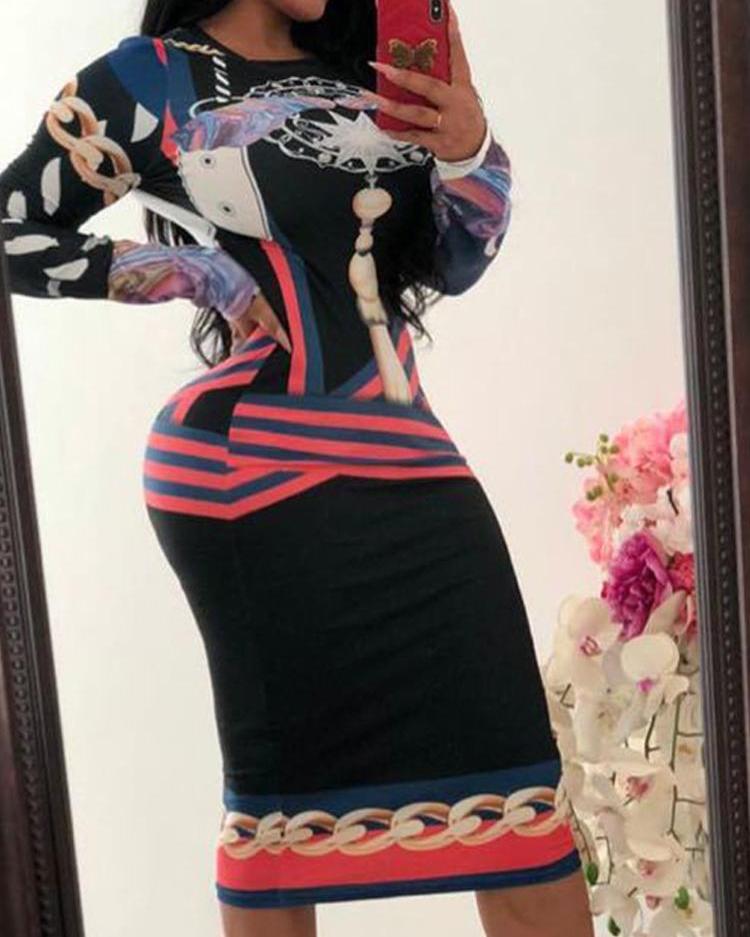 

Mixed Print Long Sleeve Dress, Black