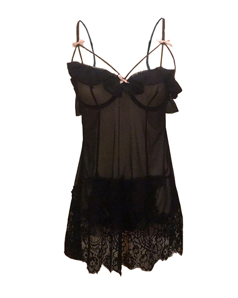 

Spaghetti Strap Floral Embroidery Ruffle Hem Sheer Lace Babydoll, Black