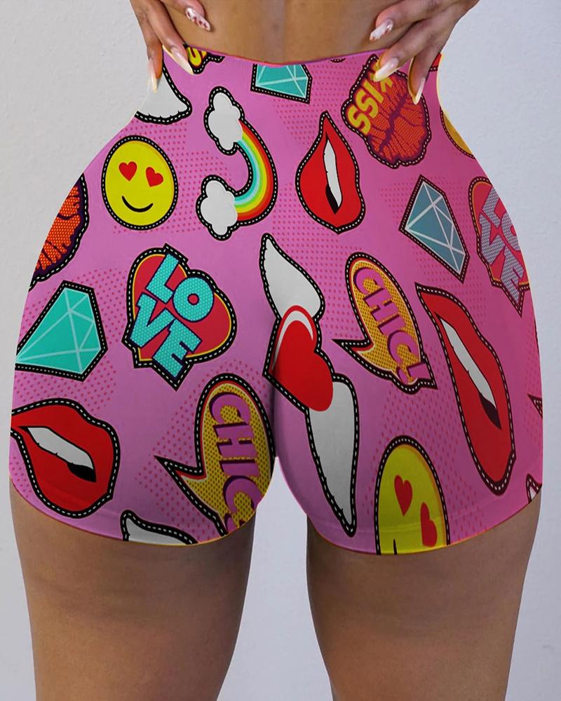 

Cartoon Print High Waist Casual Shorts, Pink