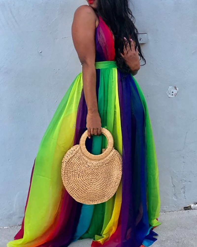 

Colorblock Plunge Crisscross Backless Maxi Dress, Green