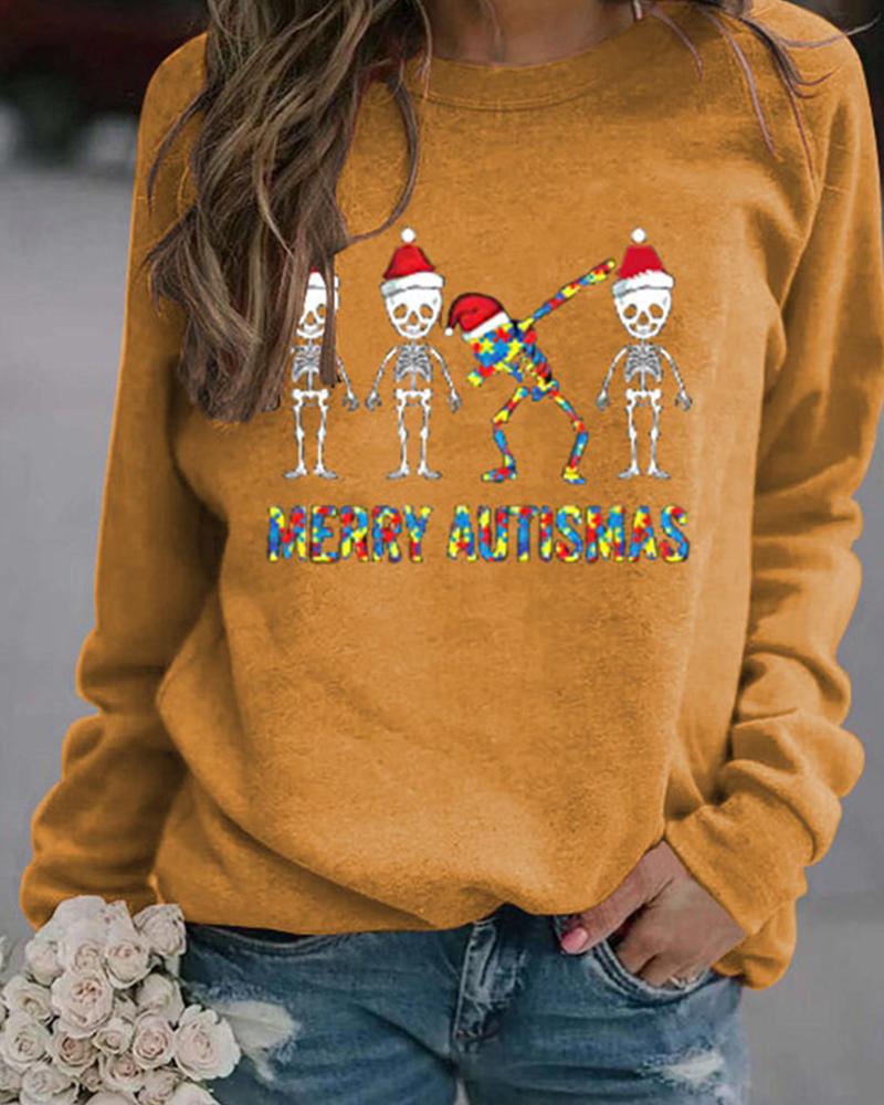 

Christmas Skull Letter Print Long Sleeve Sweatshirt, Yellow
