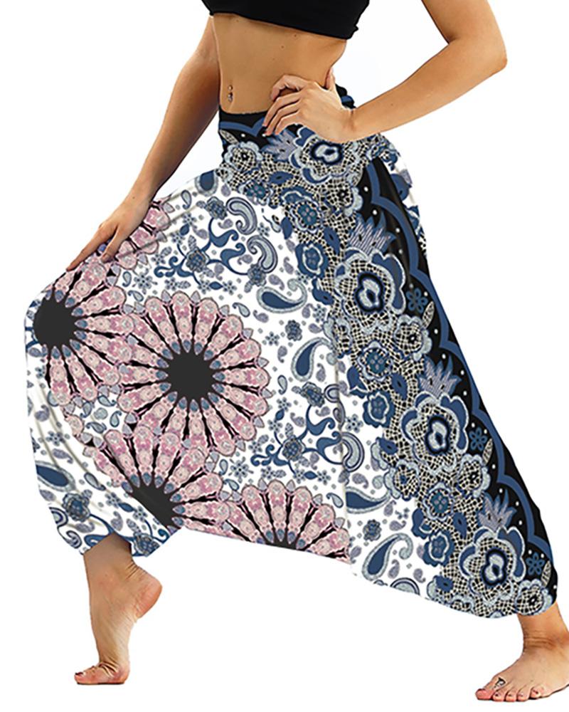 

Print Wide Leg High Waist Yoga Pants, Dark blue
