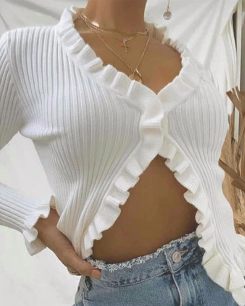 

Ruffles Trim Button Design Long Sleeve Top, White