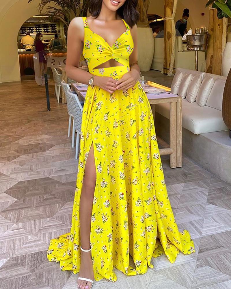 

Floral Print Knotted Design Ruched High Slit Maxi Dress, Yellow
