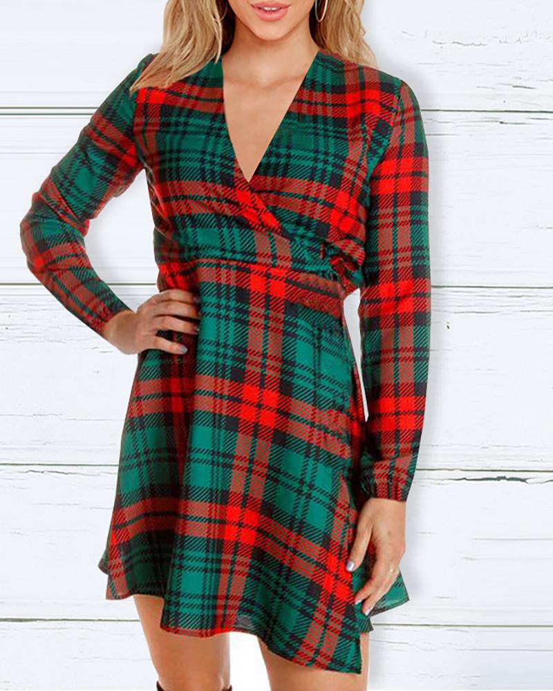 

Christmas Long Sleeve Mixed Print Dress, Dark green