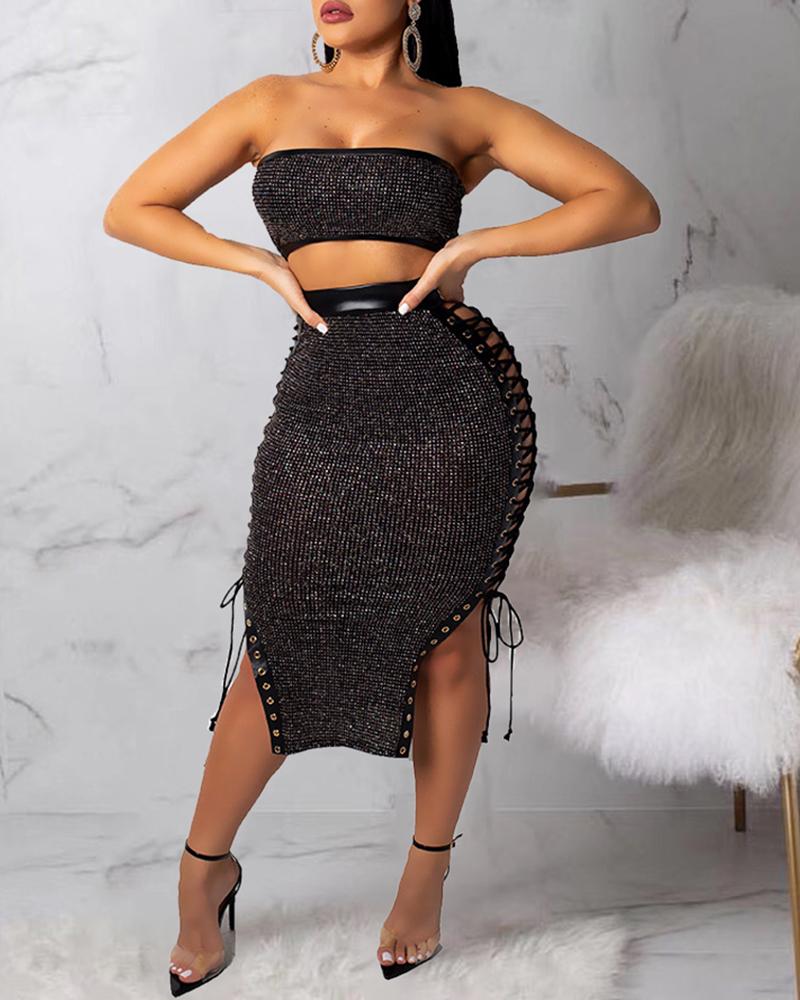 

Off Shoulder Sequins Top & Eyelet Lace Up Skirt Set, Black