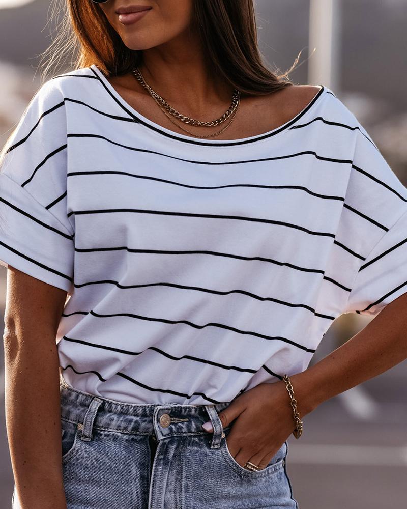 

Striped Print Round Neck Short Sleeve T-Shirt, White