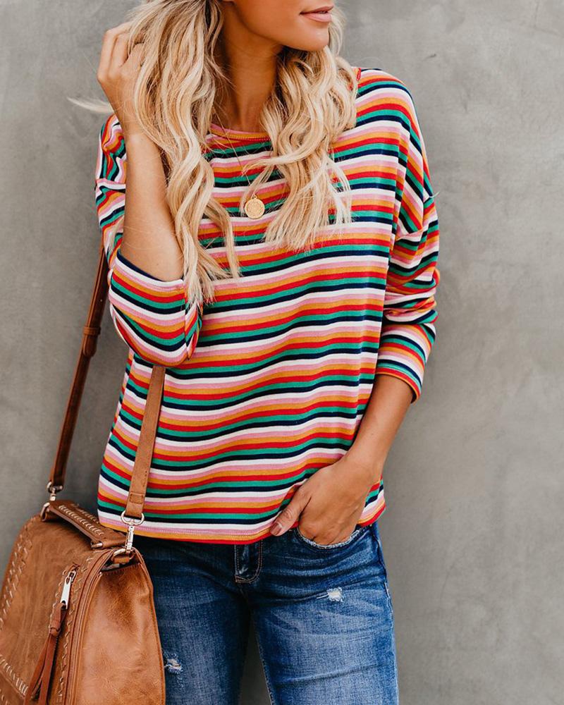 

Colorful Striped Long Sleeve Blouse, Multicolor