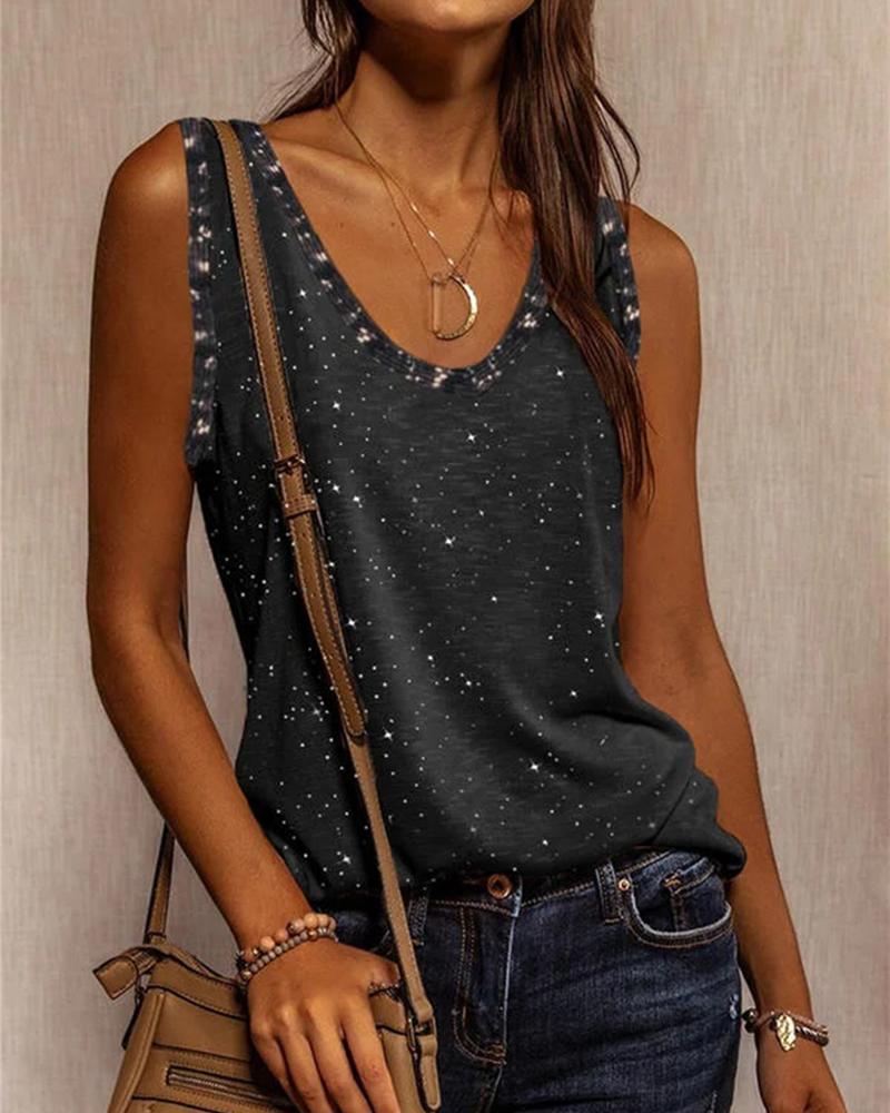 

Galaxy Print Sleeveless Loose Tanks, Black