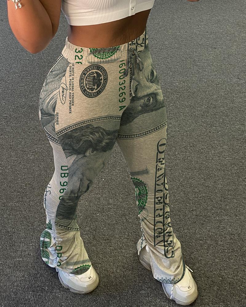 

Plaid / Dollar / Paisley / Cartoon Print Ruched Pants, Gray