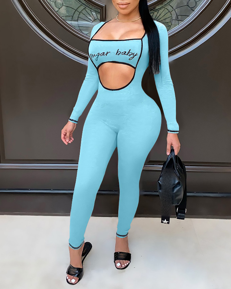 

Letter Print Hollow-out Design Square Neck Jumpsuit, Blue