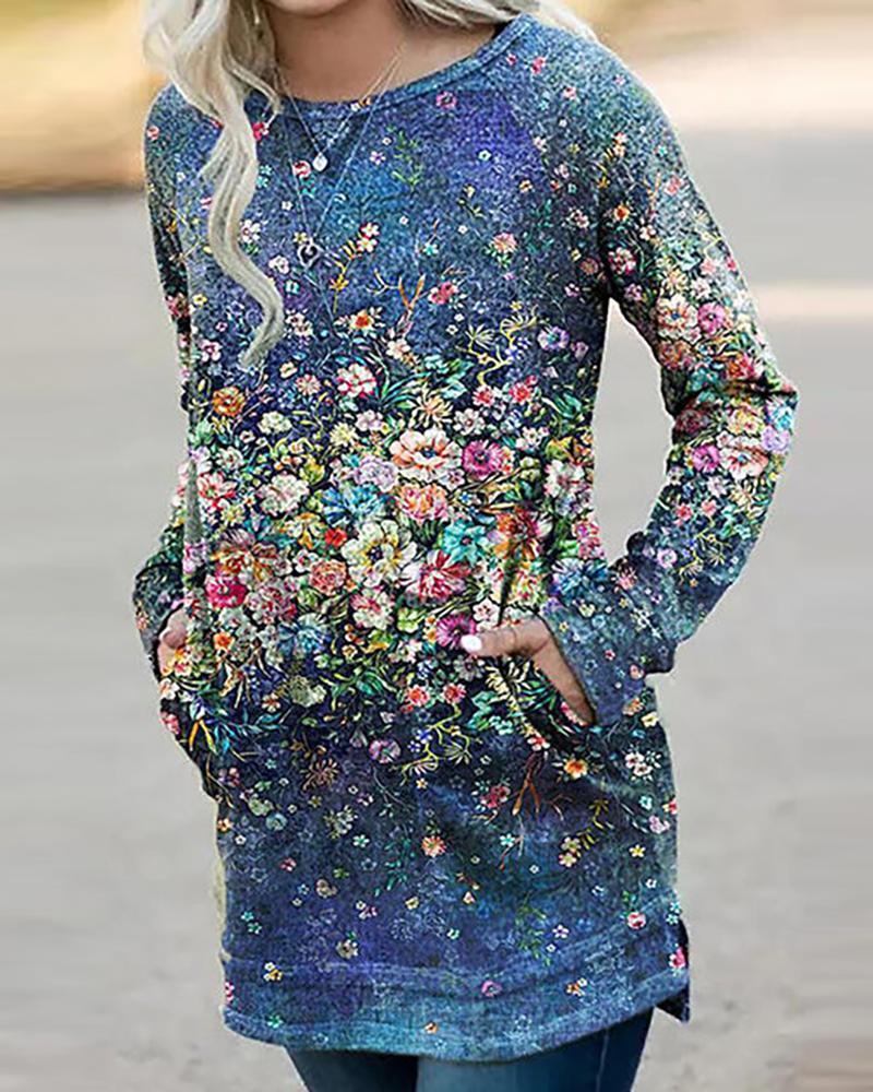 

Floral Print Pocket Design Long Sleeve Dress, Blue