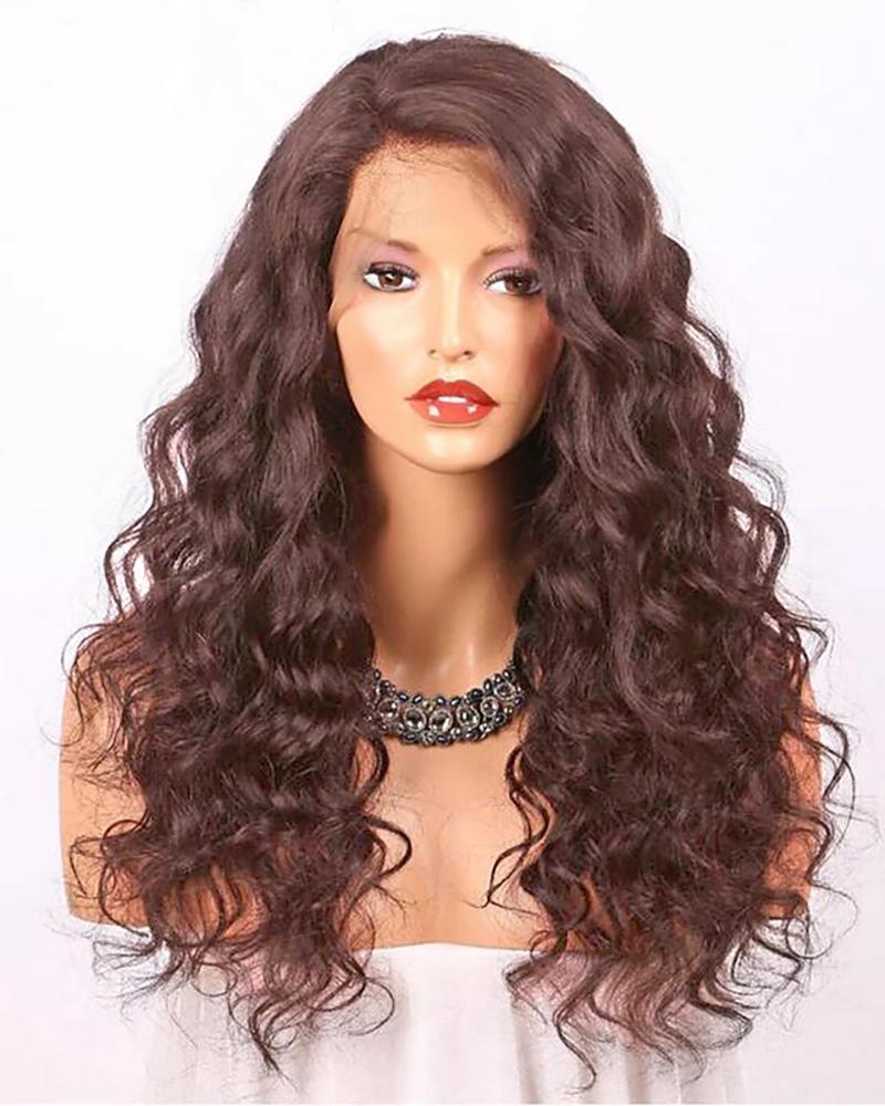 

Virgin Human Hair Glueless Lace Front Wig Middle Part Wavy Natural Wig, Wine red
