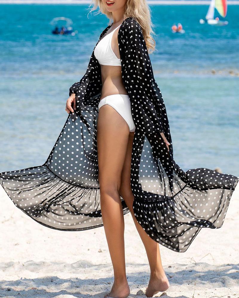 

Polkadot Print Mesh Long Sleeve Cover Up, Black