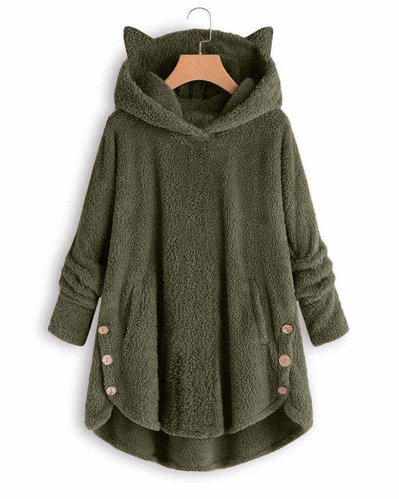 

Plain Button Design Teddy Hooded Coat, Army green