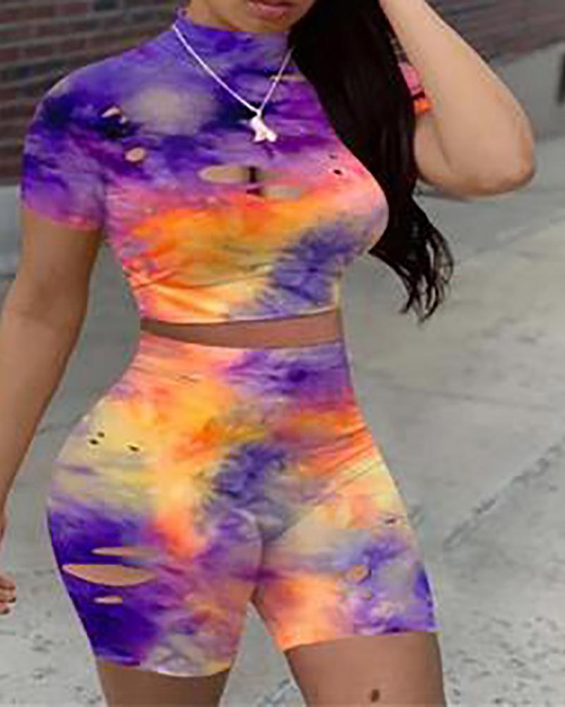 

Tie Dye Print Cutout High Waist Butt Lifting Active Sets, Purple