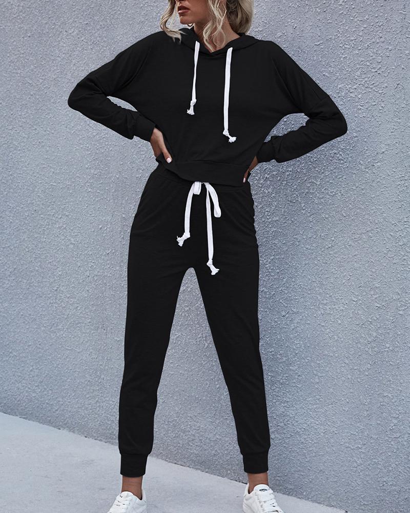 

Solid Long Sleeve Loose Hoodies Sweatshirts Suit Sets, Black