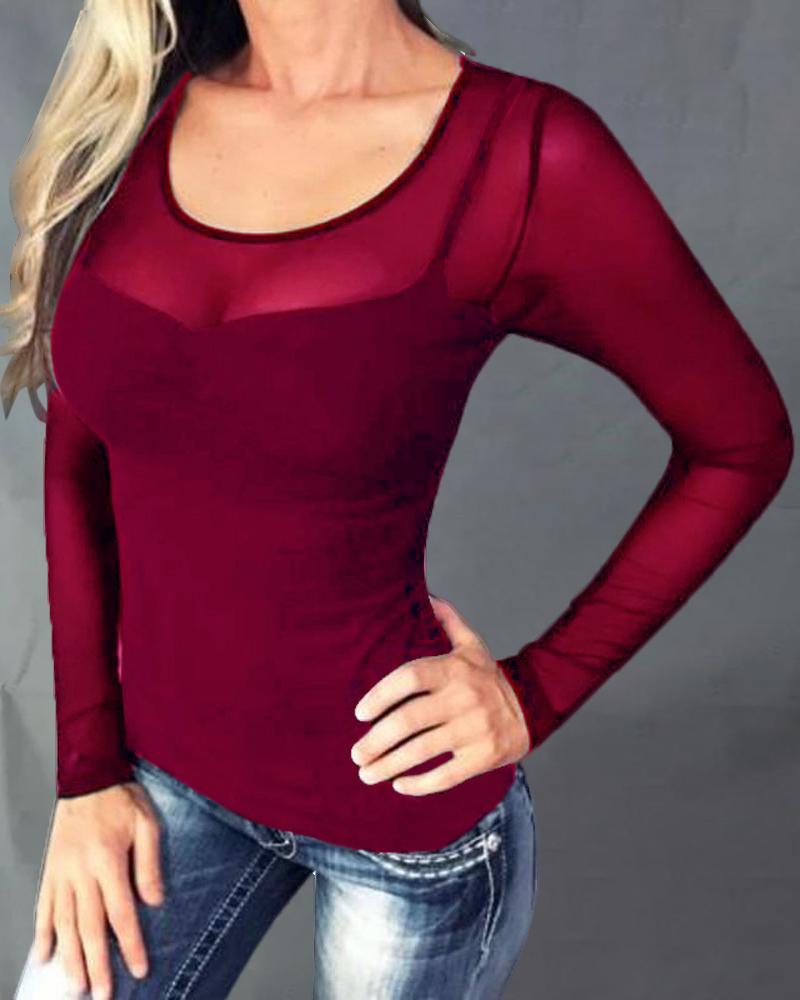

Long Sleeve Sheer Mesh Women Blouse, Wine red