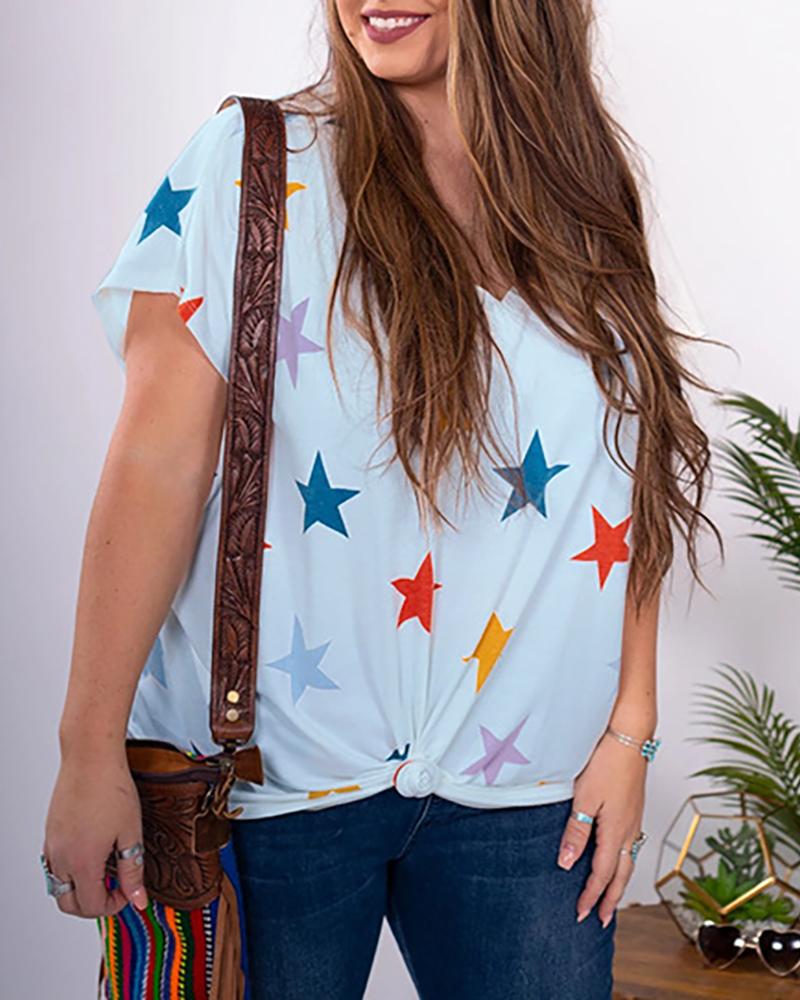 

V-neck Stars Print Casual T-shirt, Blue