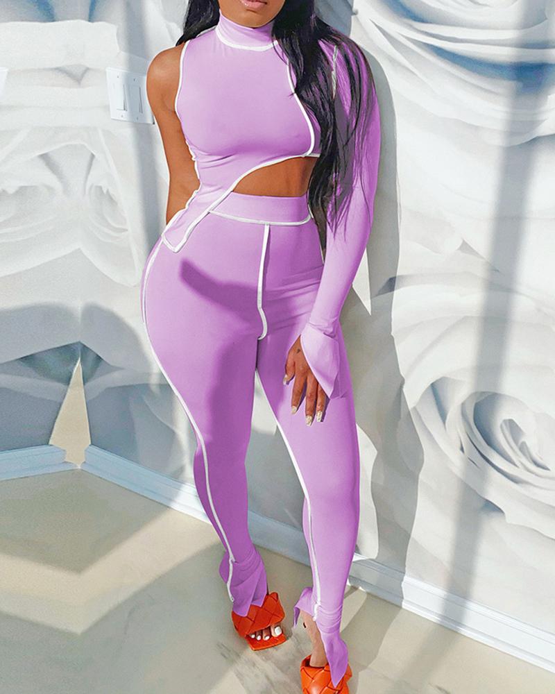 

Mock Neck Cutout Colorblock Women Top & Pants Set, Purple
