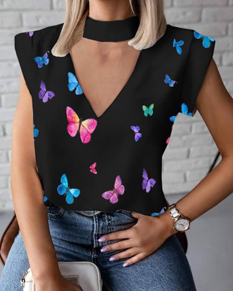 

Butterfly Print Short Sleeve Cut-out Blouse, Black