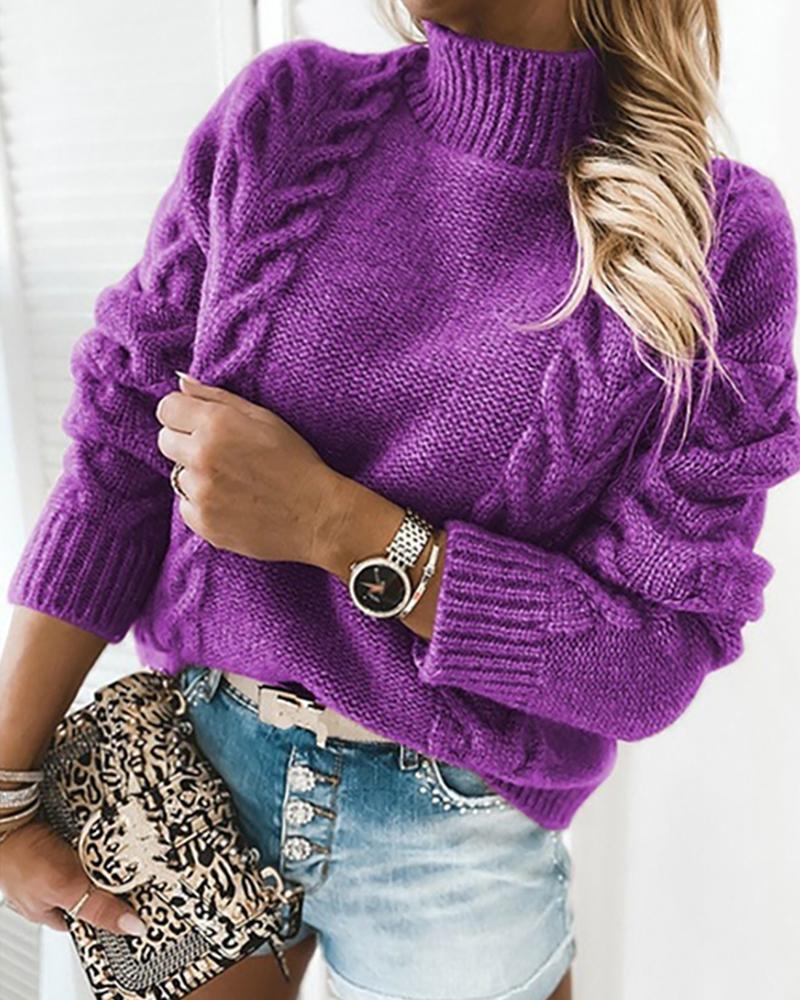 

Plain Cable Knit Long Sleeve Sweater, Purple