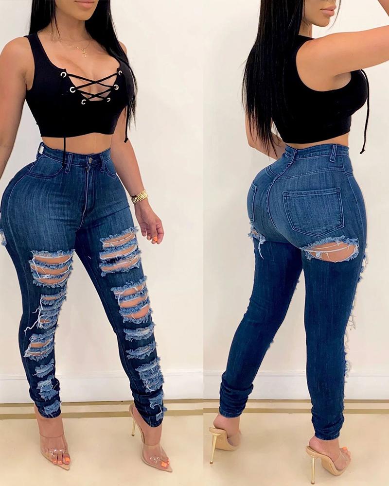 

Distressed Cutout High Waist Casual Jeans, Blue